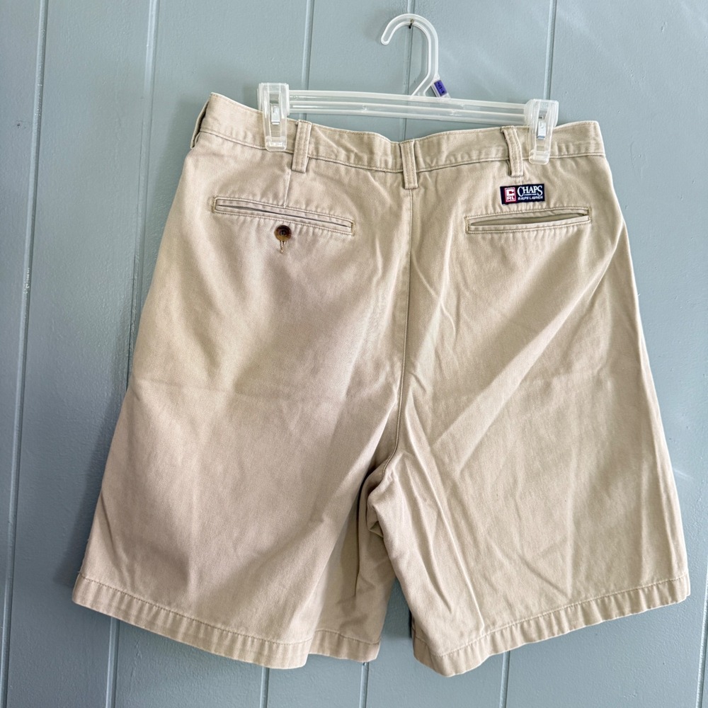 Chaps Ralph Lauren Mens 34 Khaki Double Pleated Chino Shorts 7" Vintage 90s Prep - Picture 5 of 8